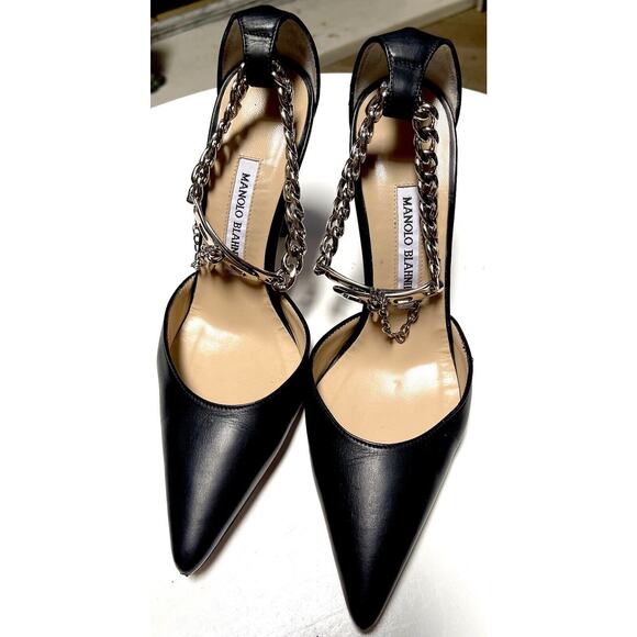 Manolo Blahnik Black Leather Silver Dagger Lock Chain D'Orsay Pumps Heels Italy - Picture 11 of 15